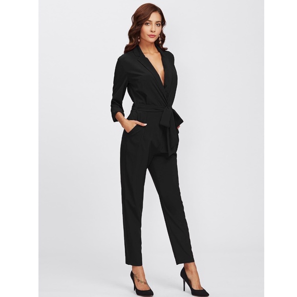 Deep V-Neck Lapel Black Belted Tapered Jumpsuit - Picture 2 of 8